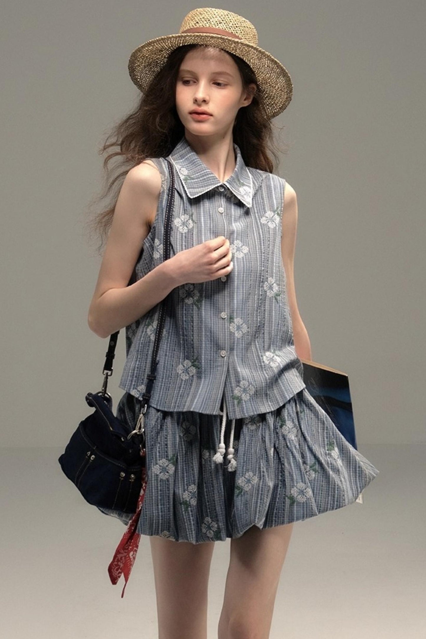 Flower Stitch Vest Skirt Set-Up