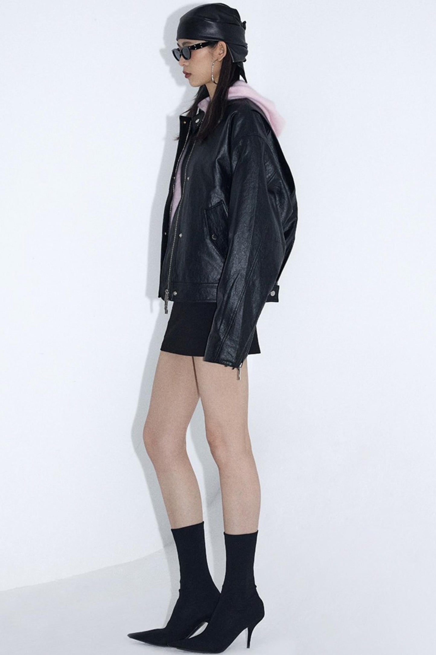 Stand-Up Pleated Leather Jacket