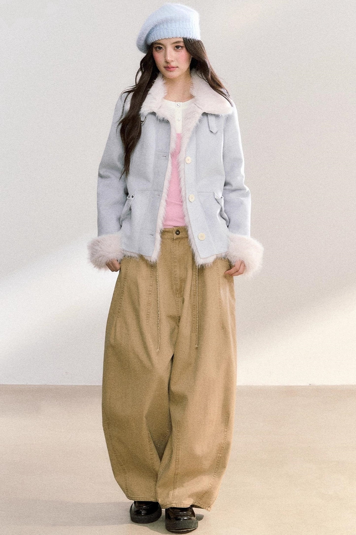 Suede Rivet Fur Collar Lapel Jacket