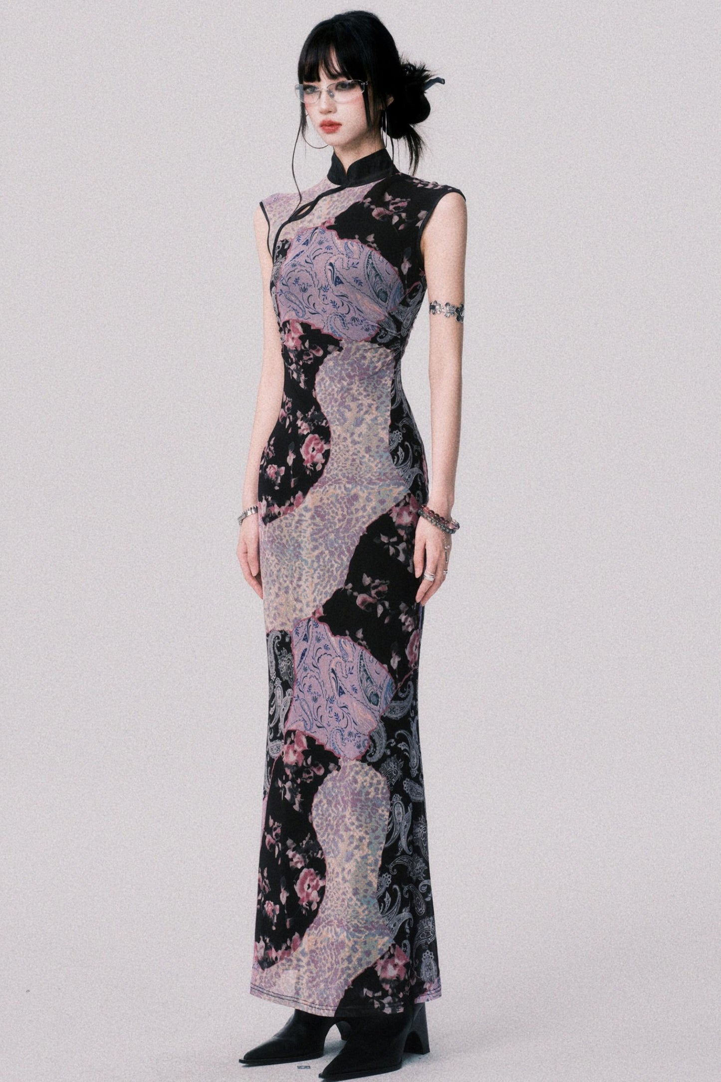 Smokey Purple Color-Blocked Cheongsam Dress