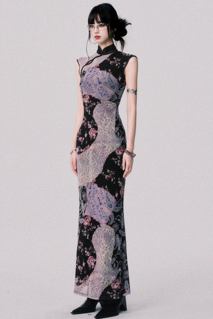 Smokey Purple Color-Blocked Cheongsam Dress
