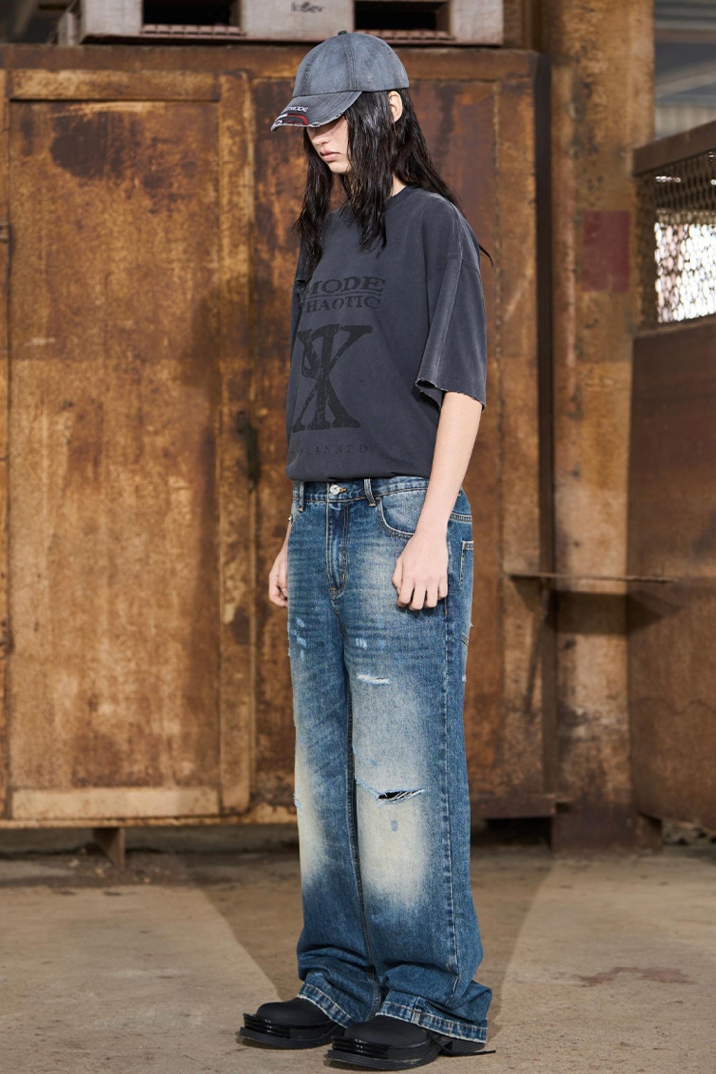Ripped Straight-Leg Denim Pants
