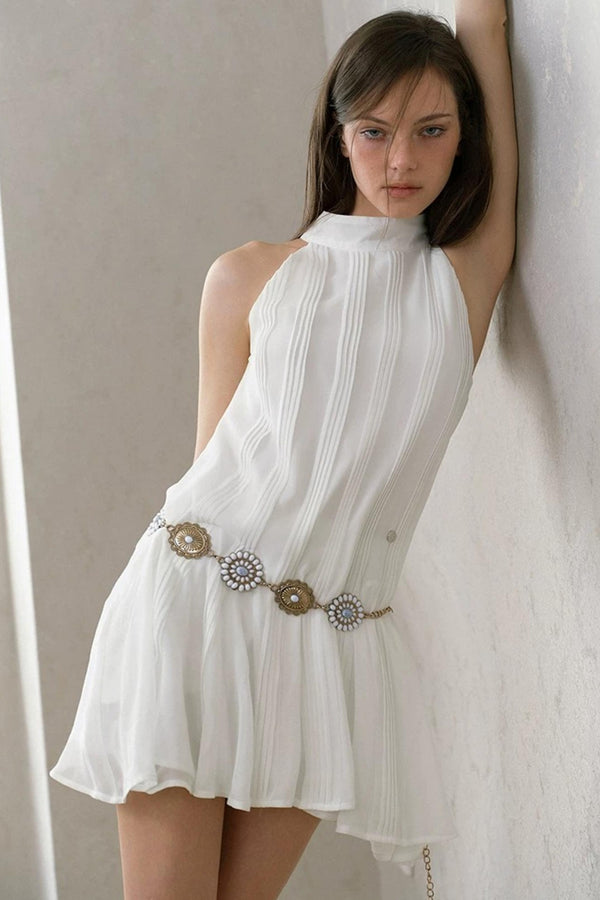 White Textured Irregular Hem Pleated Halter Dress