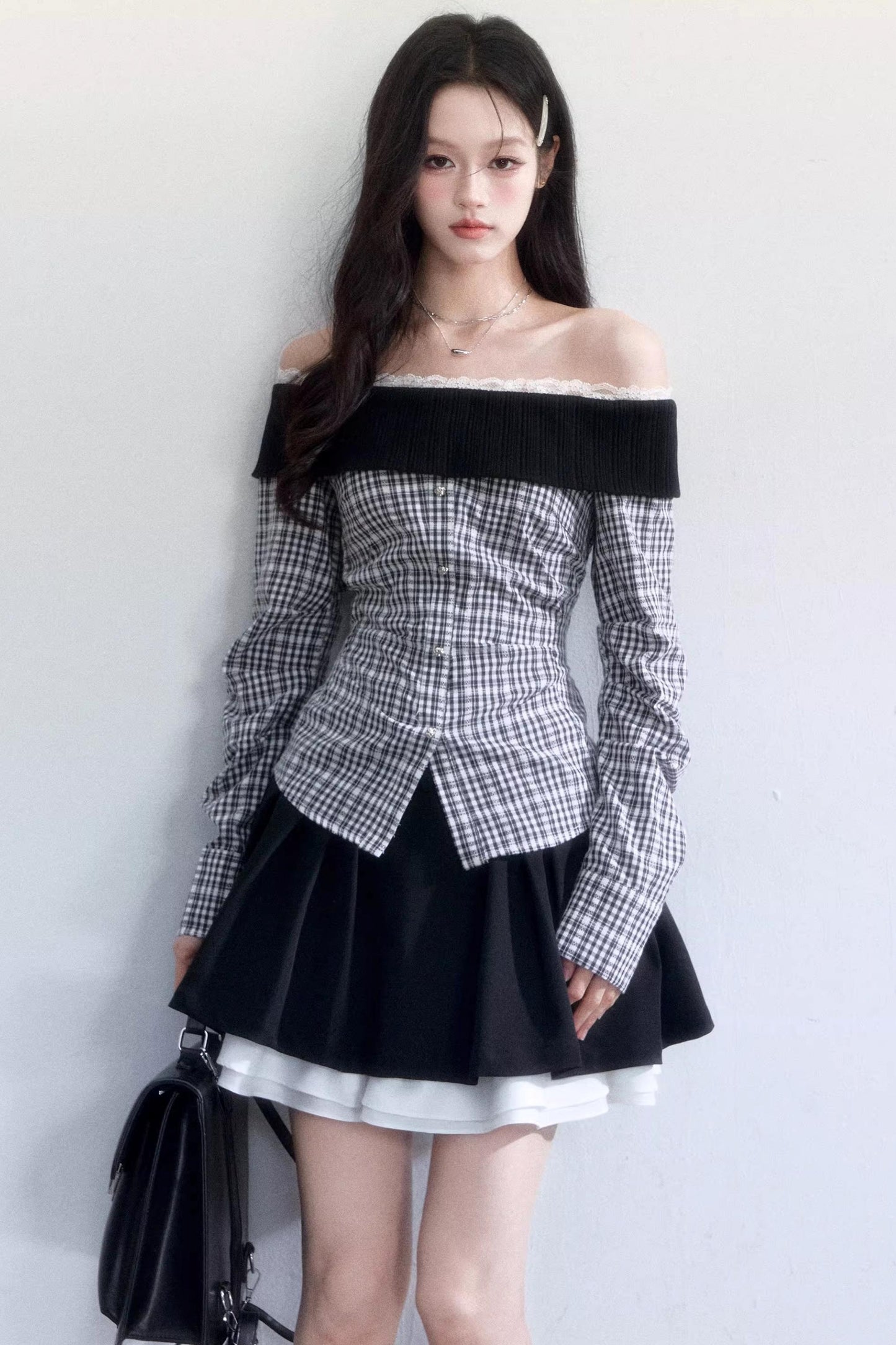 Plaid Off-Shoulder Slim Fit Shirt