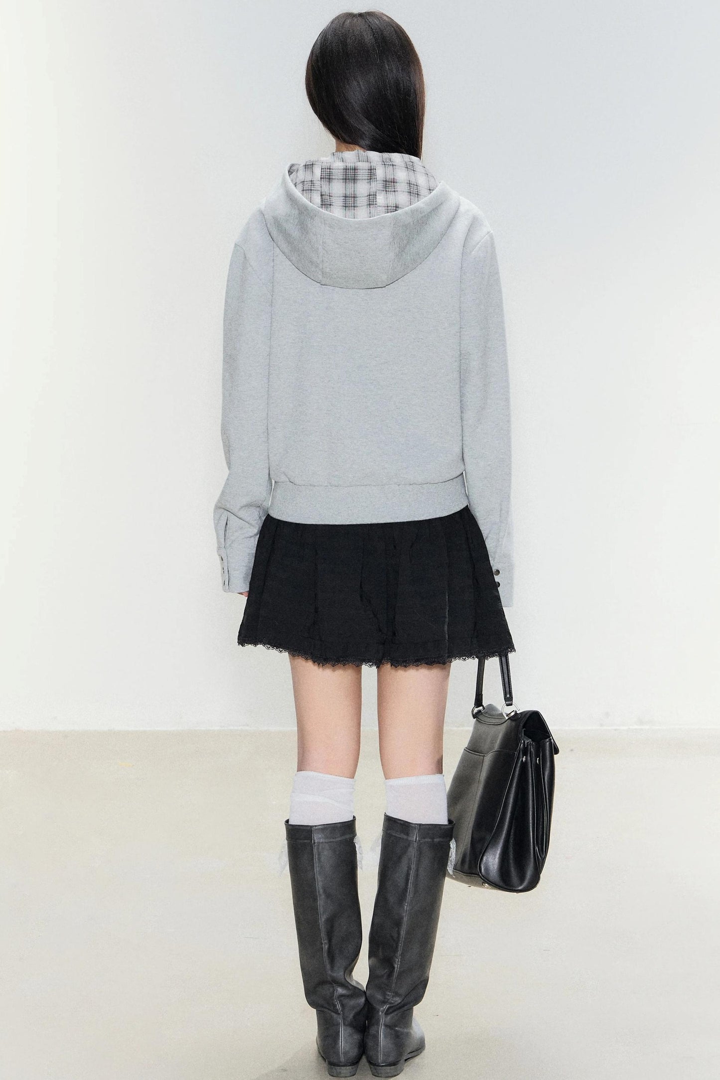 Color-Blocked Plaid Hooded Jacket