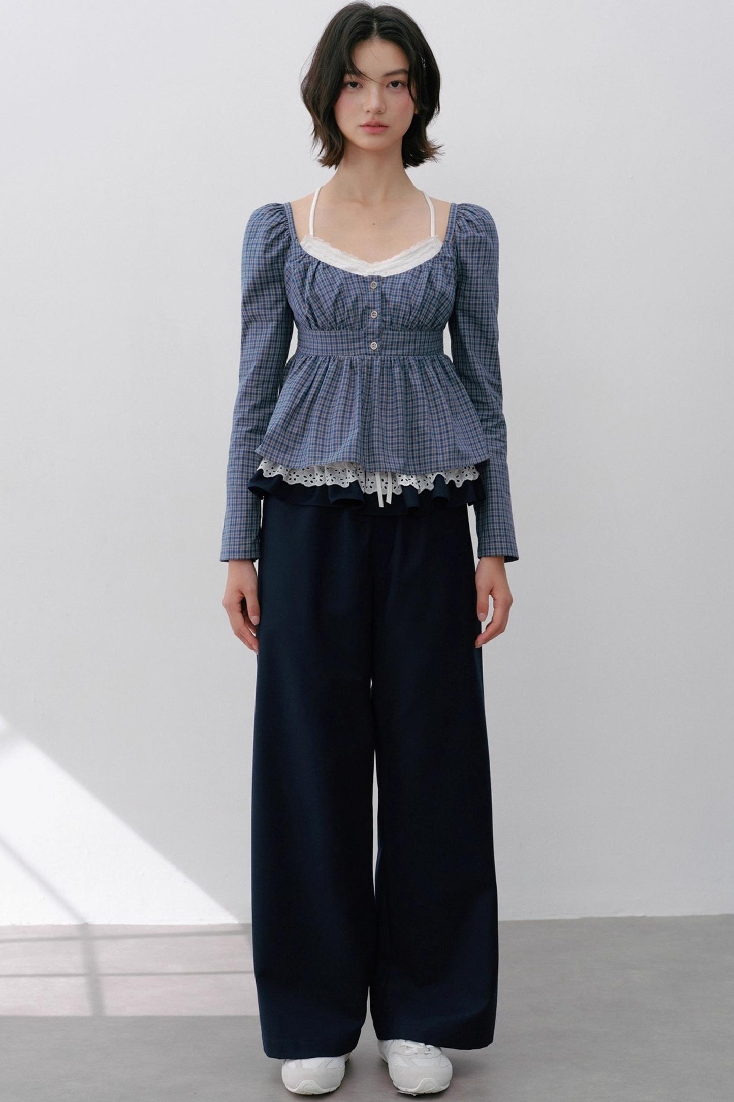 Vintage Navy Blue Check Cinched Shirt