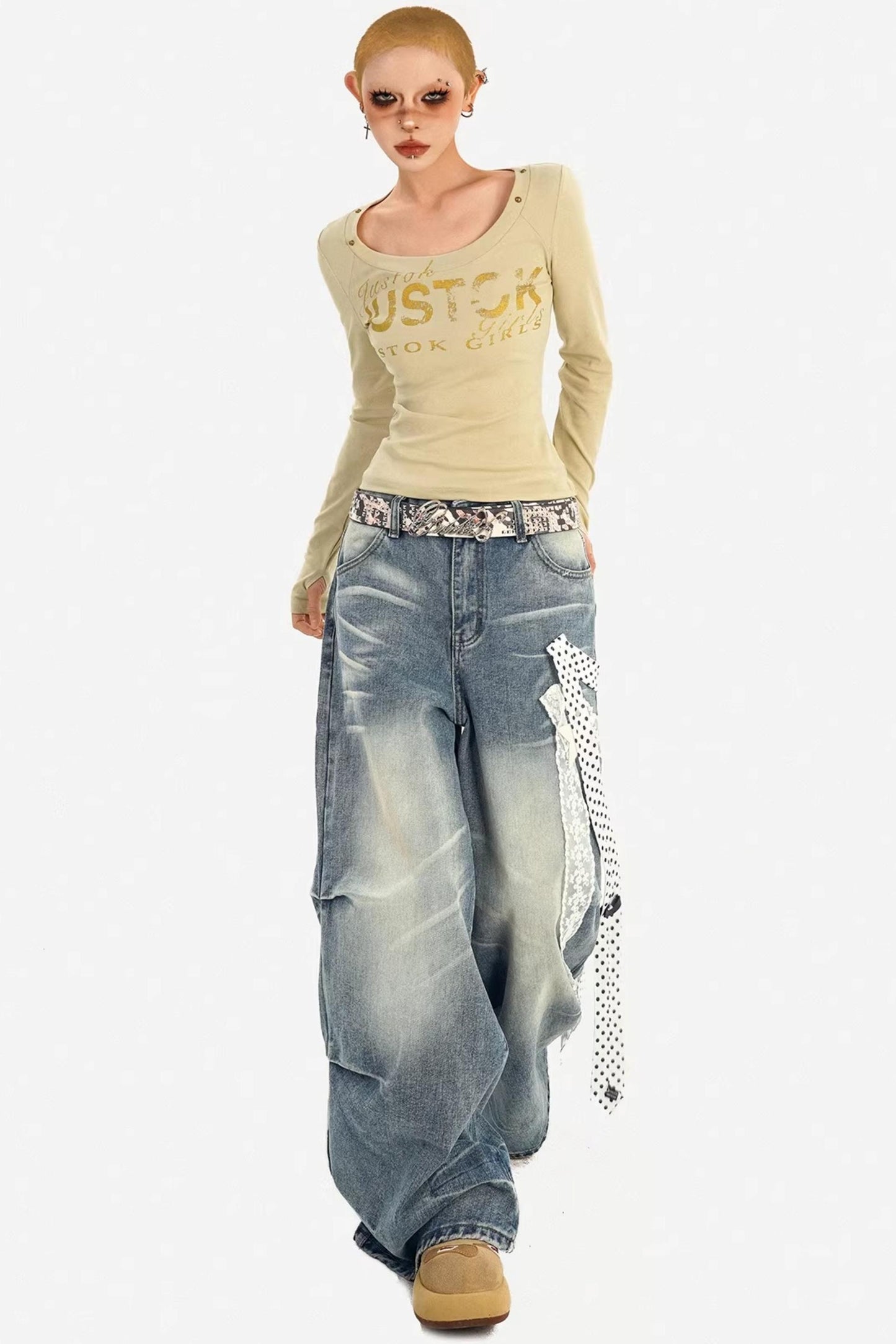 Textured Wide-Leg Denim Pants