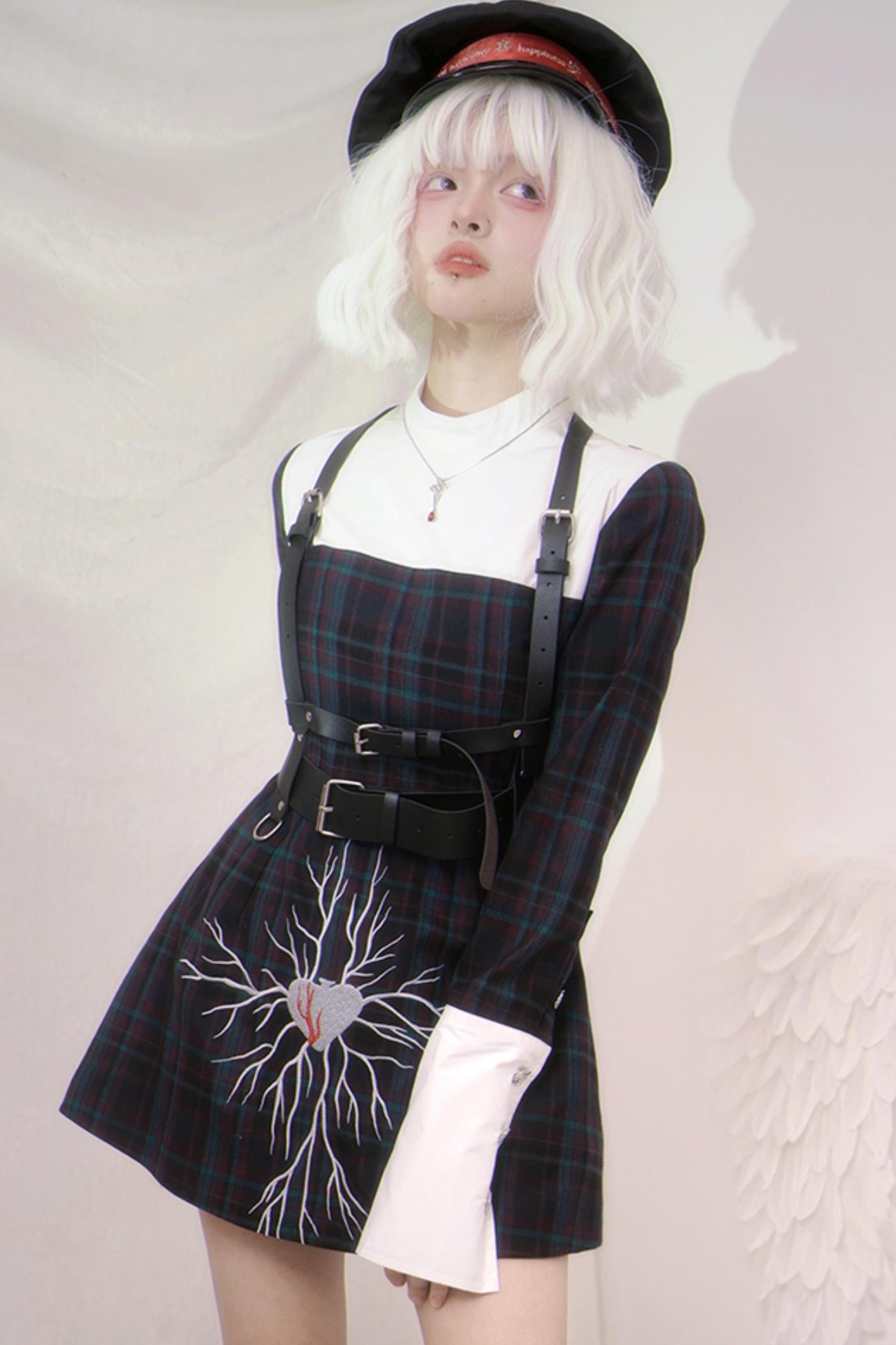 Embroidered Plaid Leather Dark Dress