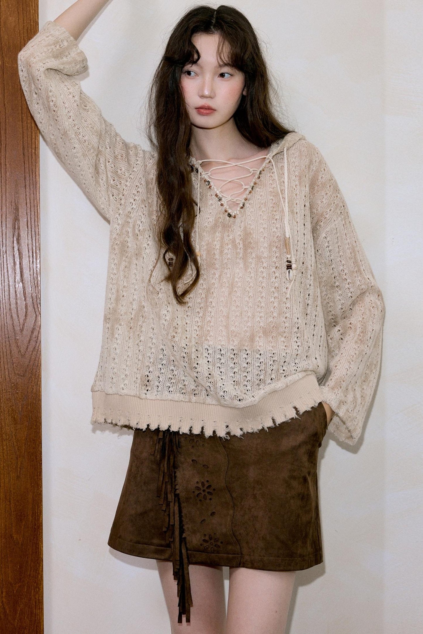 Vintage Coffee Openwork Fringed Suede A-Line Skirt