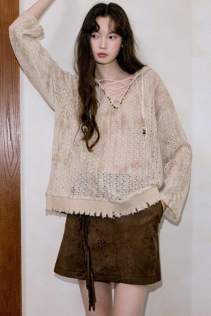 Vintage Coffee Openwork Fringed Suede A-Line Skirt