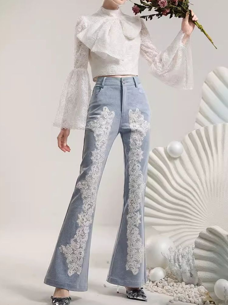 Heavy Lace Flower Waisted Slim Flared Pants