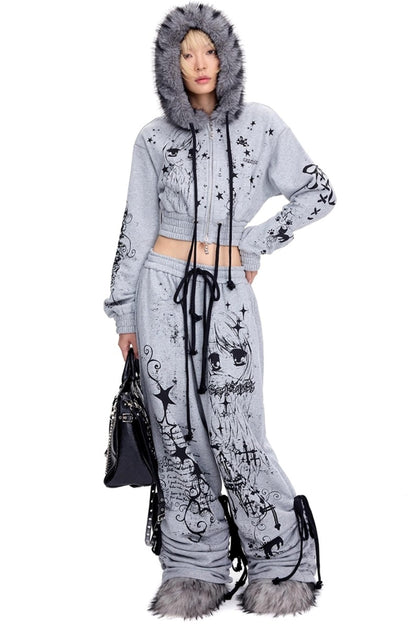 Graffiti Print Hooded Short Sweatshirt