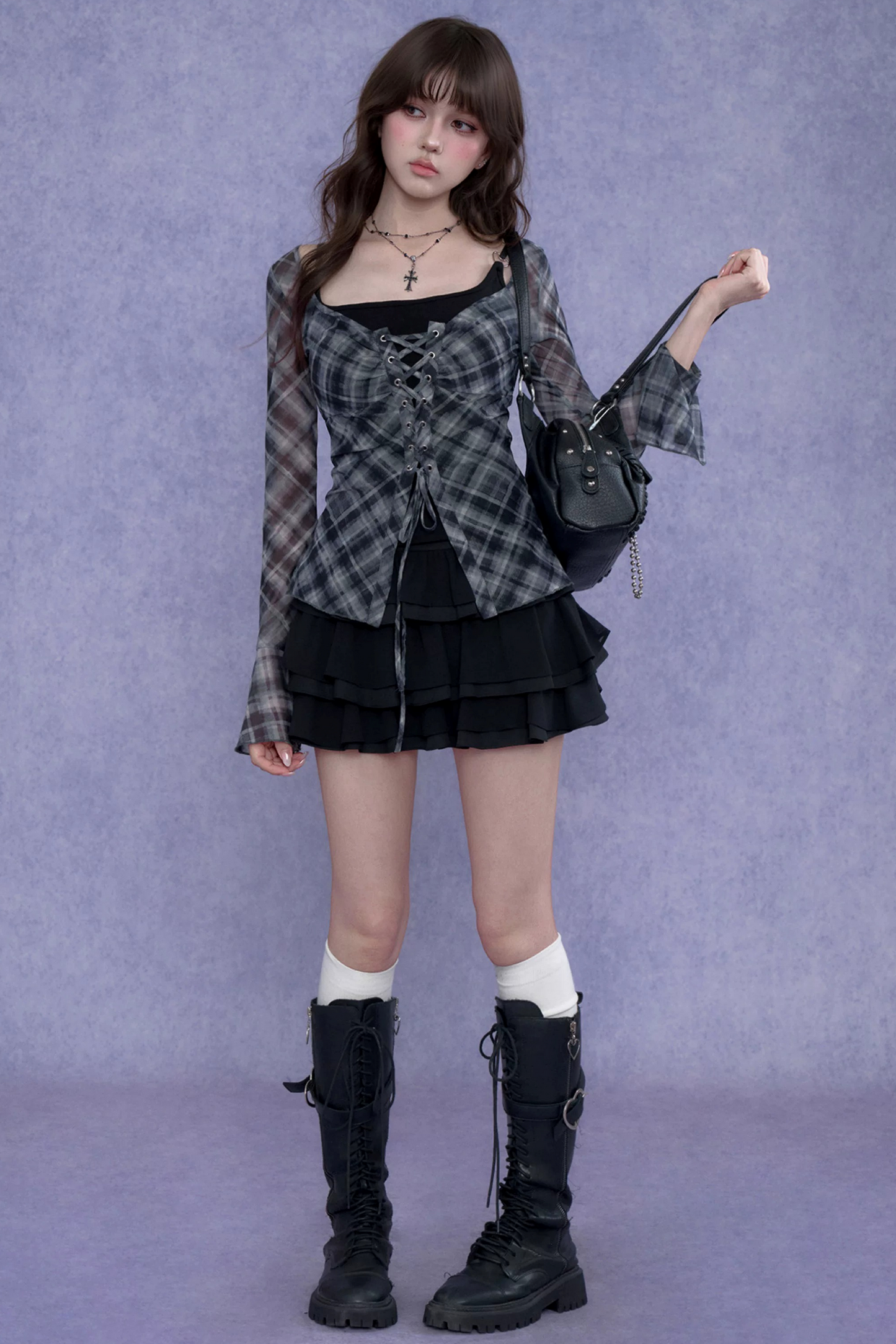 Gray Plaid Tie-Neck Top Set-Up