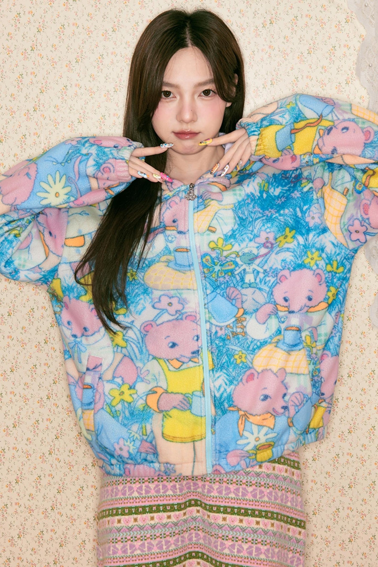 Blue Green Bear Print Hooded Jacket