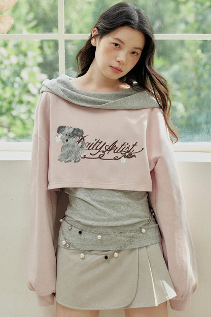 Pink Gray Fake Two Piece Hooded Top