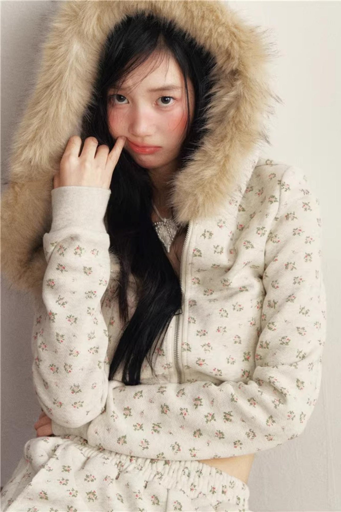 Elastic Floral Fleece Hooded Jacket Set-Up