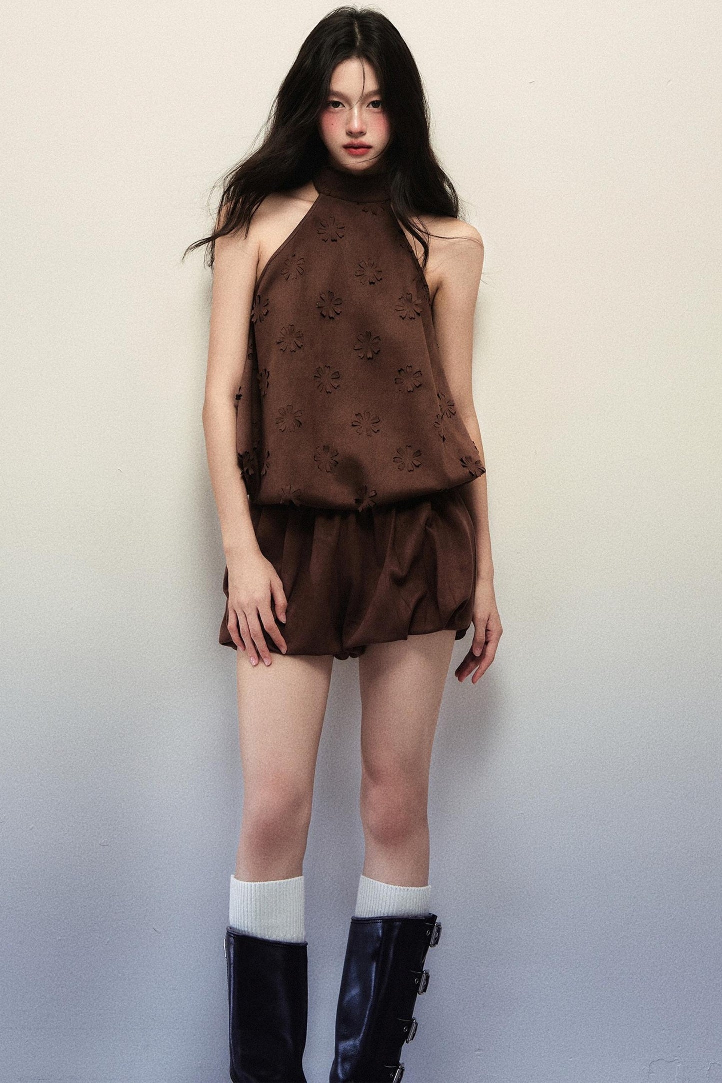 Reddish-Brown Suede Flower Halterneck Two-Piece Set-Up
