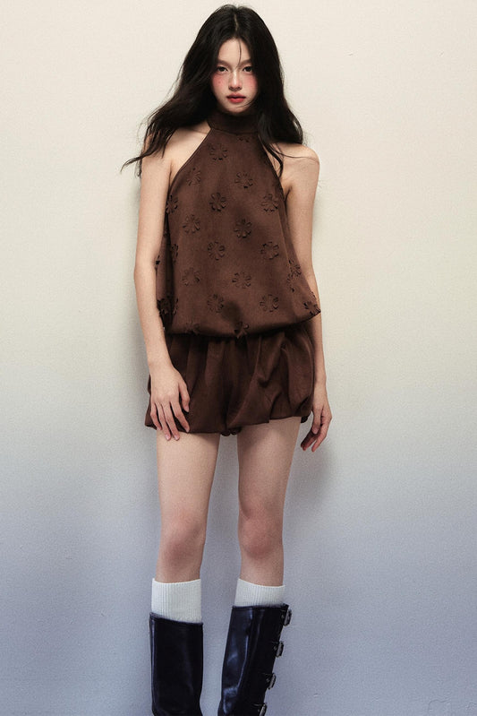 Reddish-Brown Suede Flower Halterneck Two-Piece Set-Up