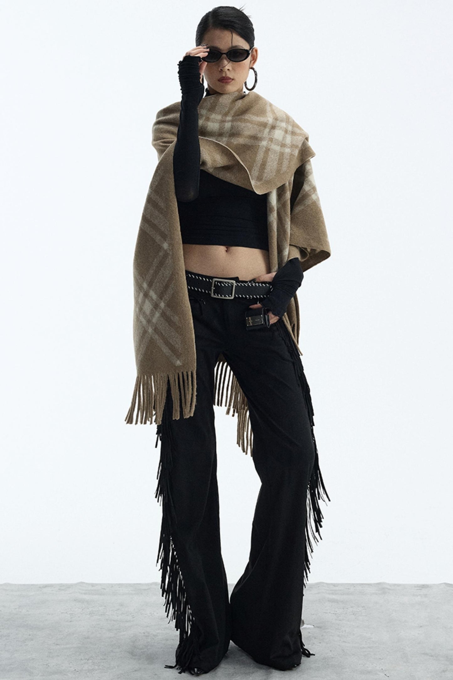 Wool Blend Plaid Cape Cardigan