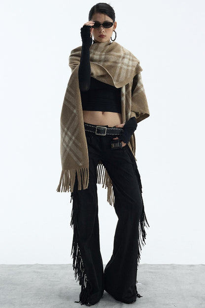 Wool Blend Plaid Cape Cardigan