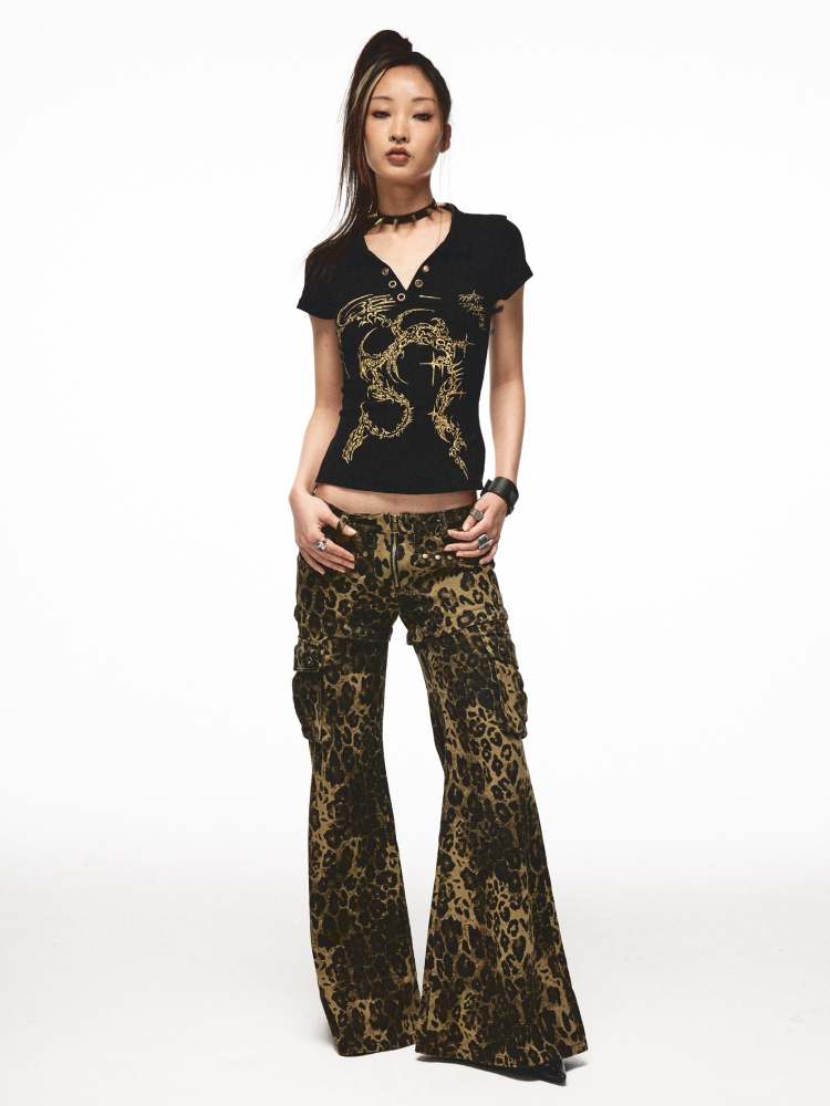 Back Open Gold Print Ribbon T-shirt