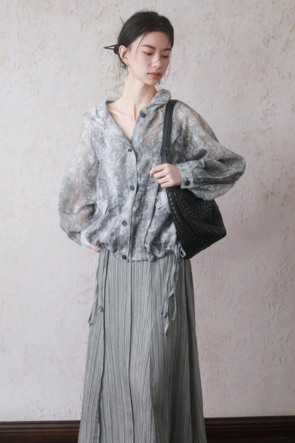 Gray Halter Pleated Dress Set-Up