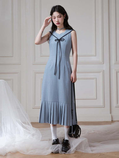 Sailor Collar Sleeveless Bow Tie Pleated Dress