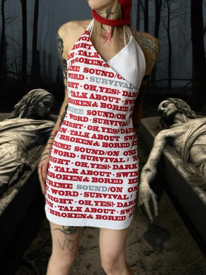 Crime Parody Print Halter Neck Strap Backless Dress