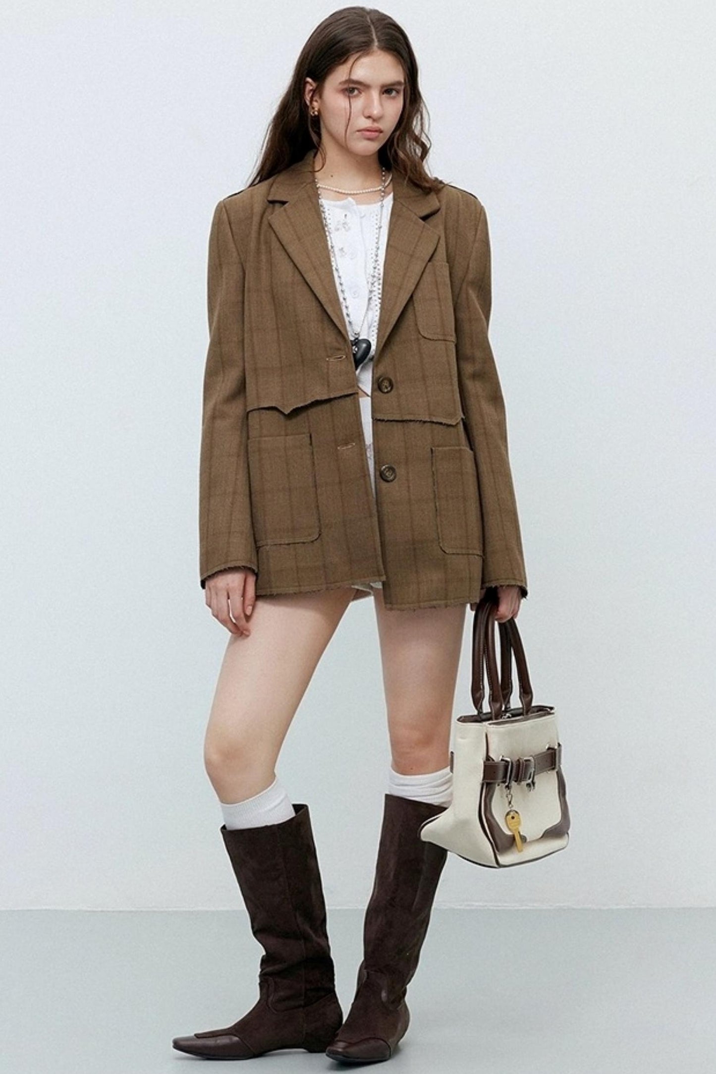 Brown Check Raw Edge Blazer