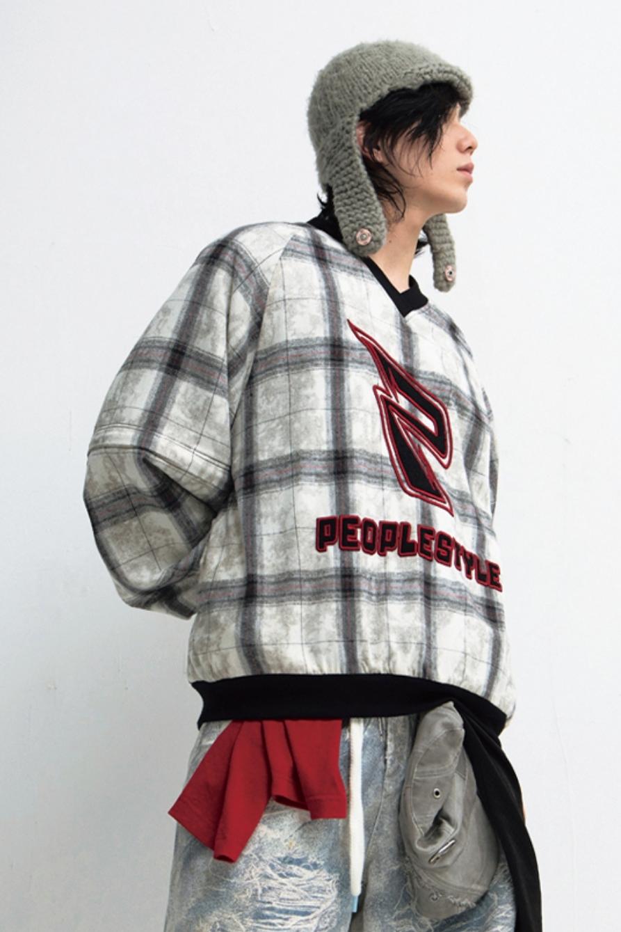 Vintage Checked Fleece Pullover Sweatshirt