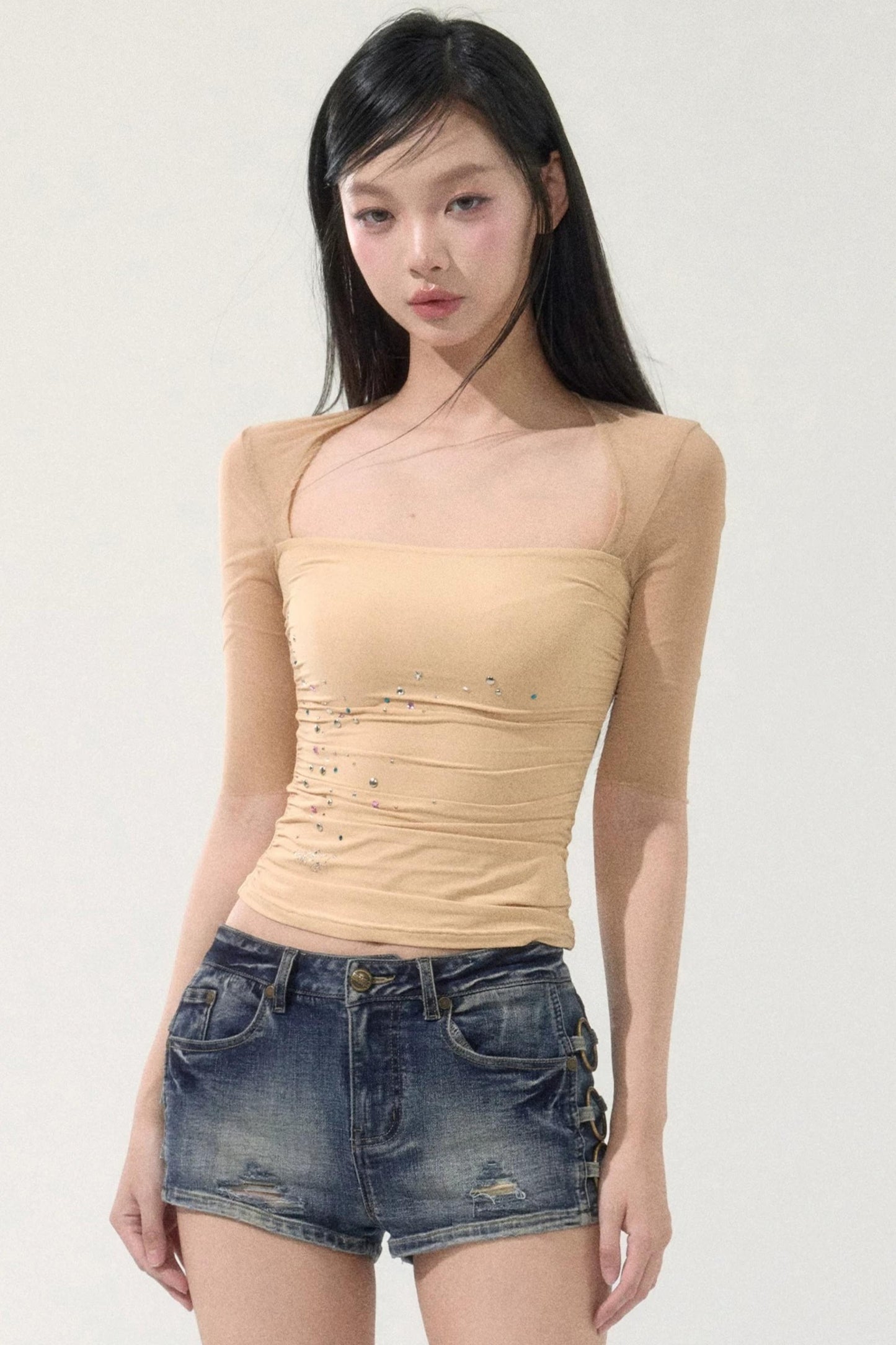 Mesh Splicing Rhinestone Top