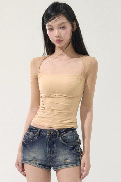 Mesh Splicing Rhinestone Top