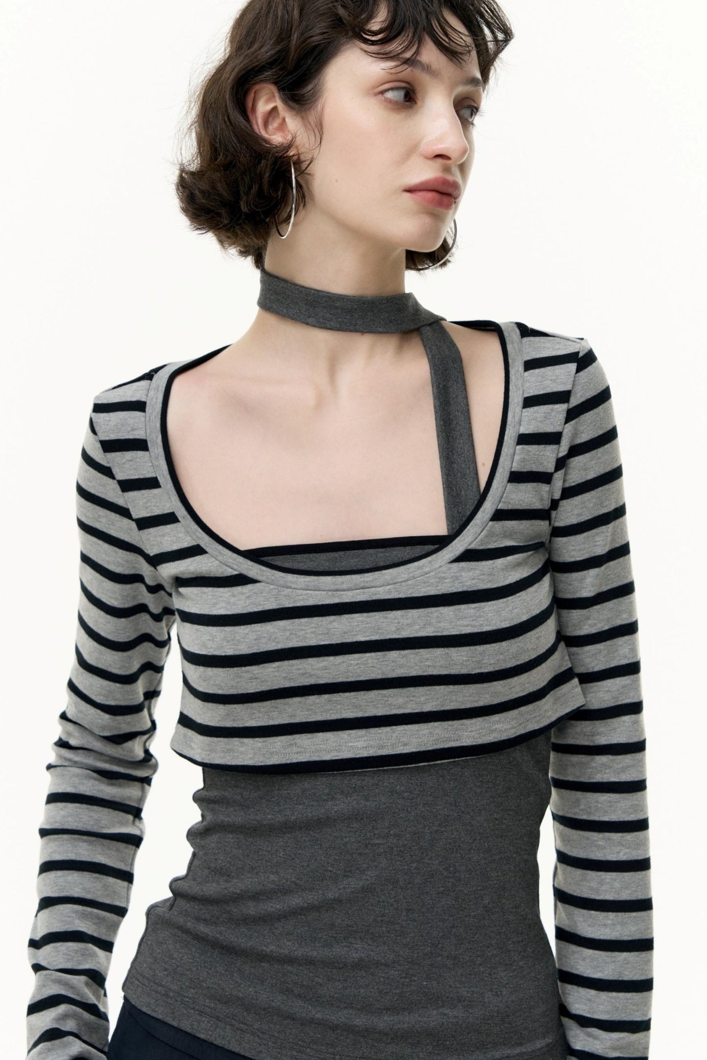 Contrast Long-Sleeved Top With Bandeau Set