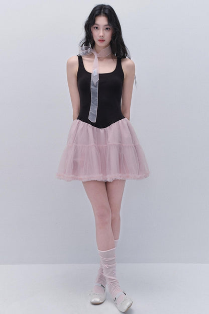 Sweet Fluffy Black-Pink Contrast Dress