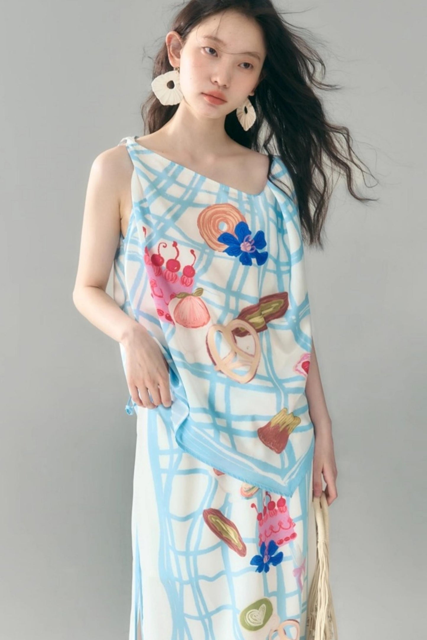 Bread Print Plaid Satin Slip Dress Set-Up