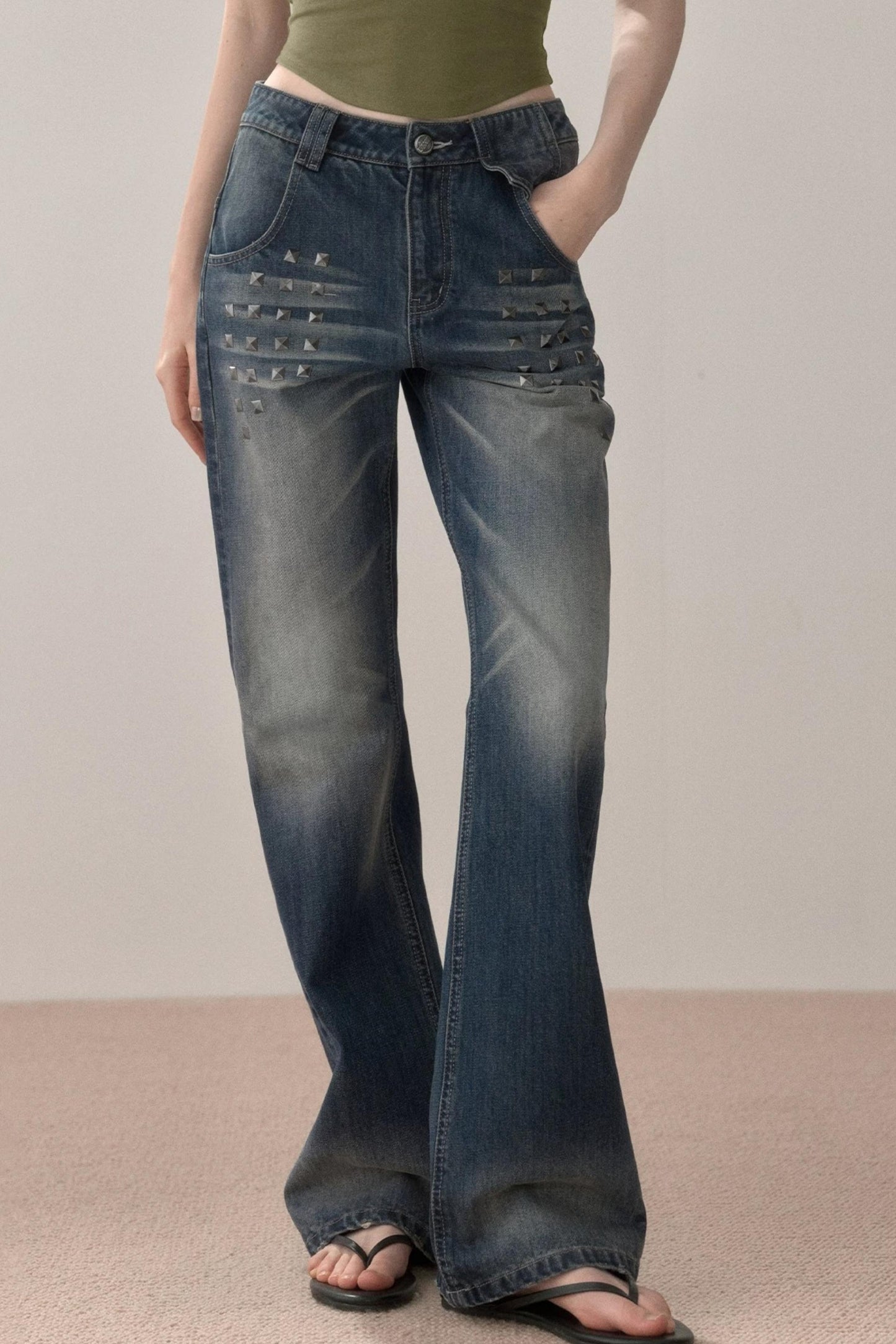 Retro Studded Rhinestone Jeans