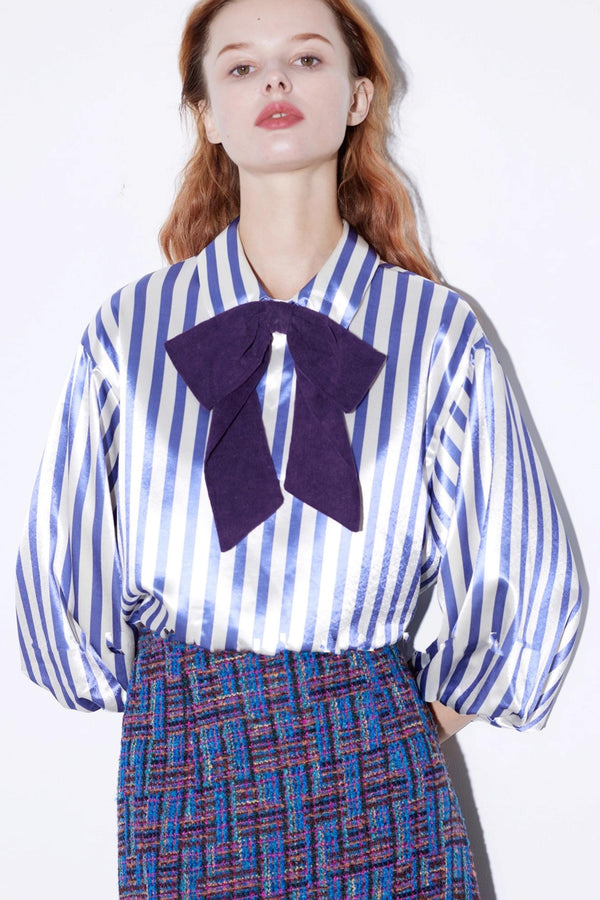 Vintage Purple Satin Lantern Sleeve Shirt