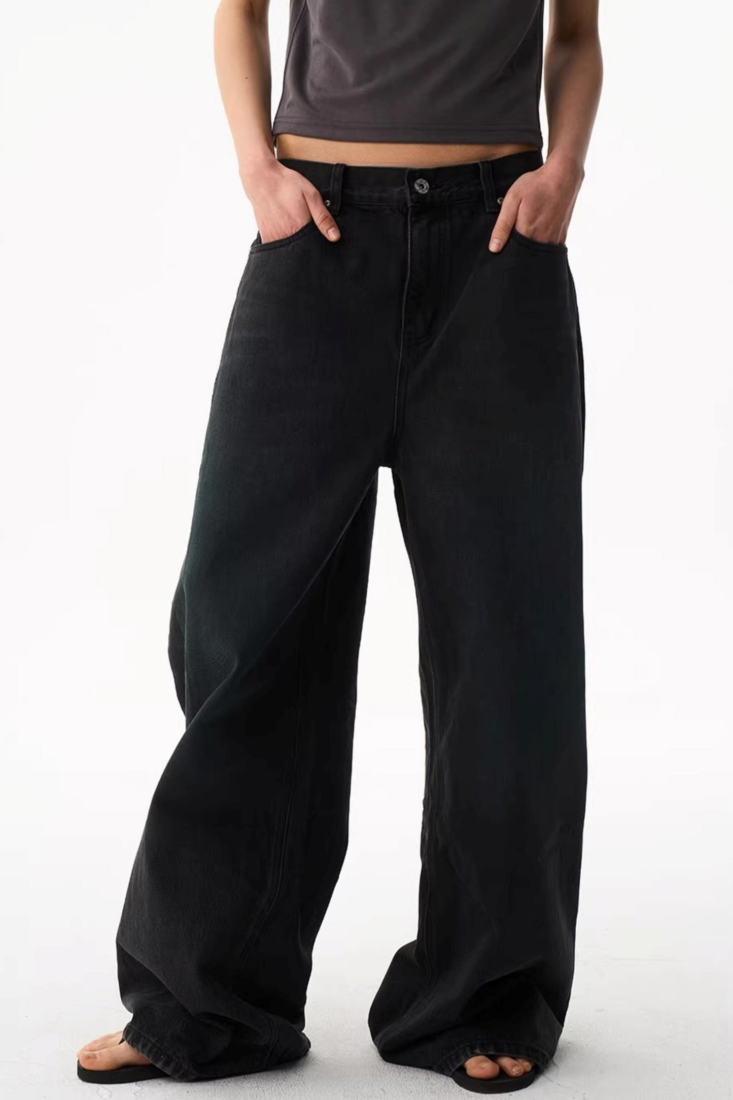 Washed Blue Wide-Leg Denim Pants