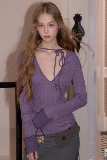 Sweet Tie V-Neck Blouse Top