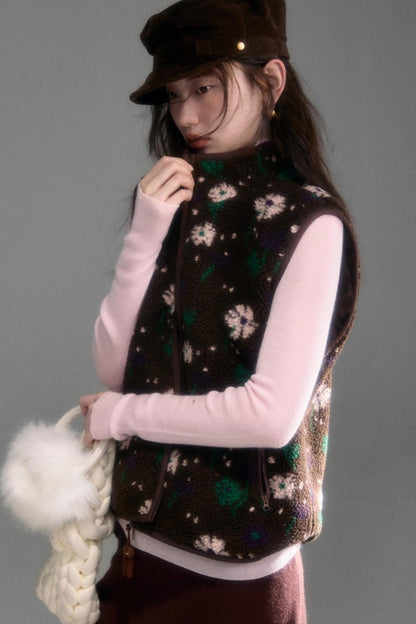 Floral Faux Lamb Wool Vest Jacket Set-Up