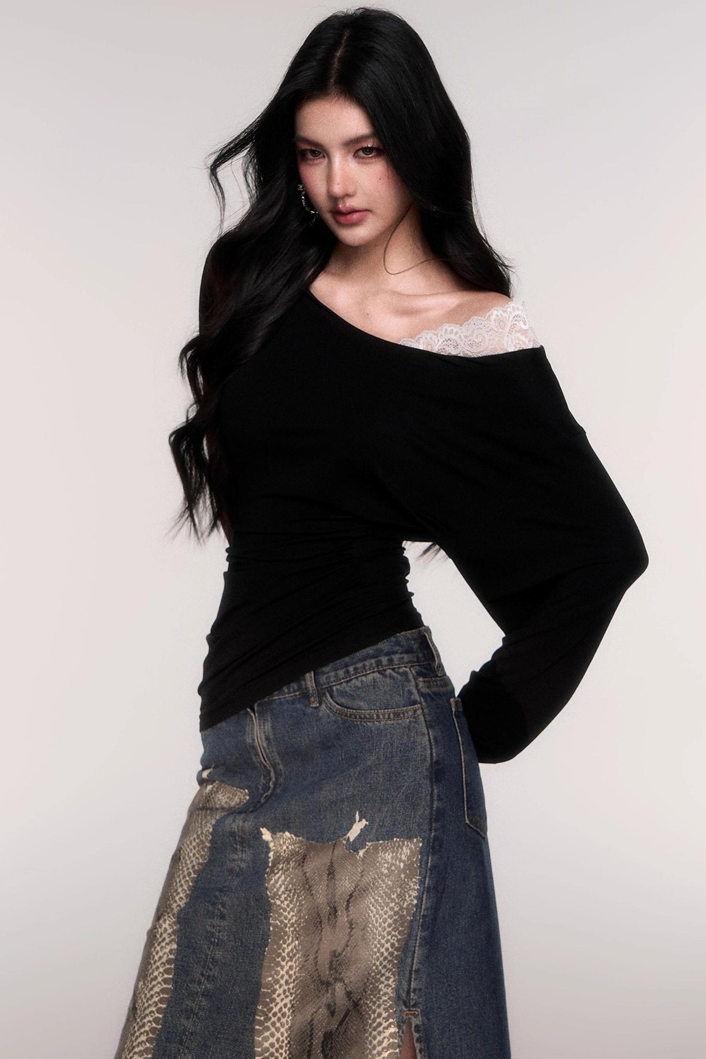 Tencel Panelled Lace Cross-Shoulder Top