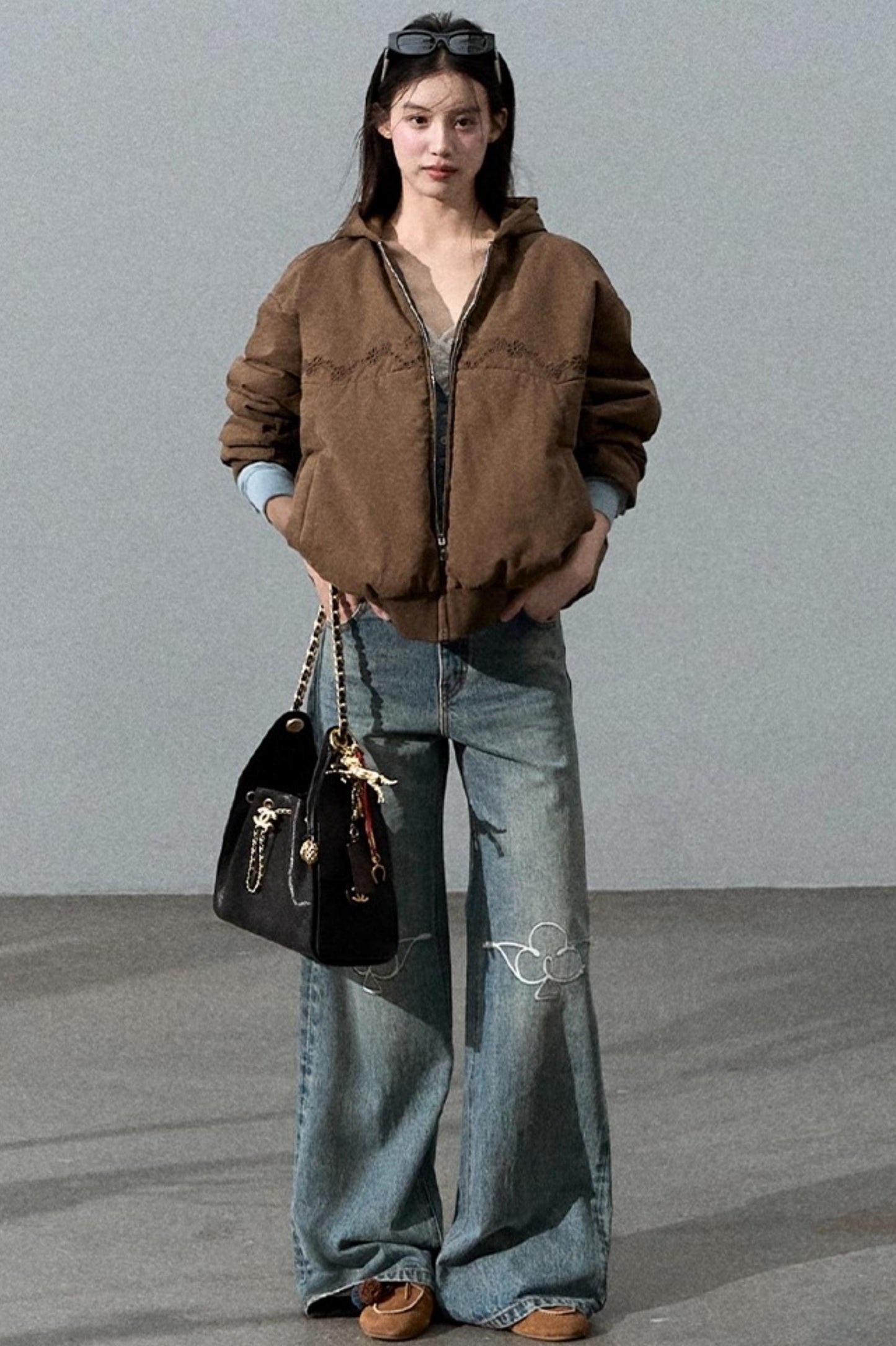 Laser-Cut Flower Vintage Wide-Leg Jeans