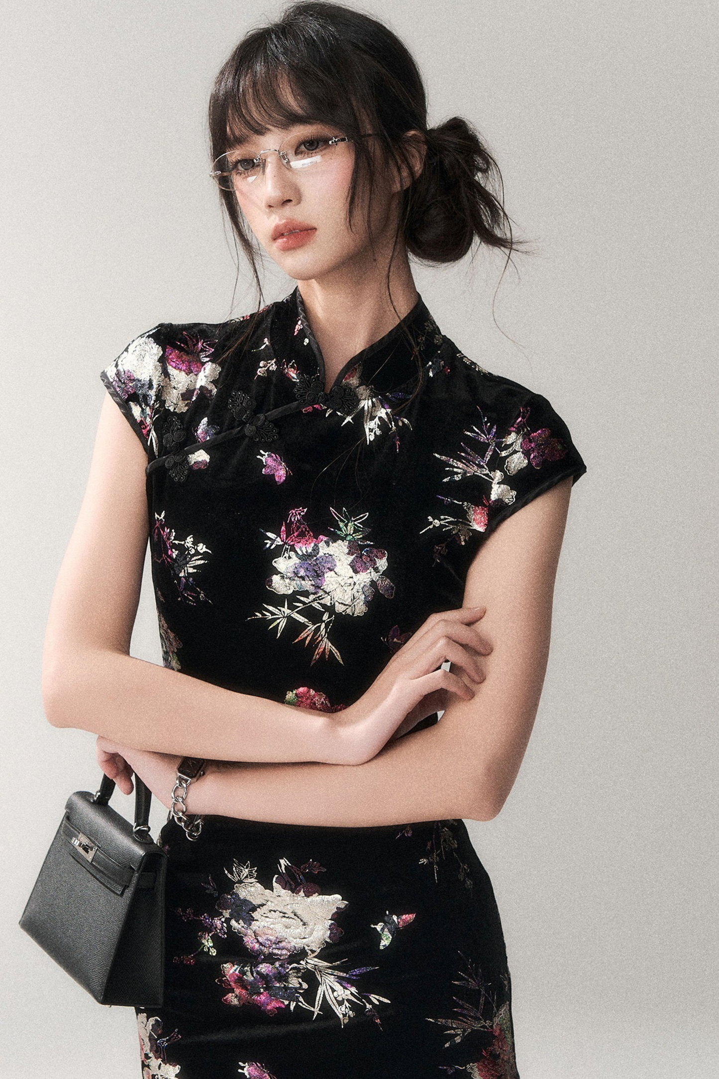 Gold-Embellished Velvet Qipao Dress