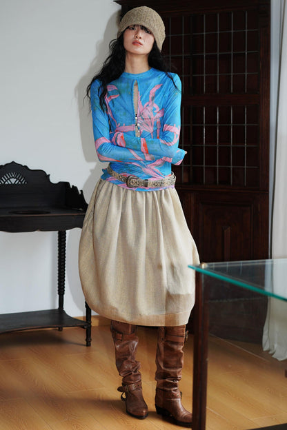 Chinese Mesh Cutout Long-Sleeved Top