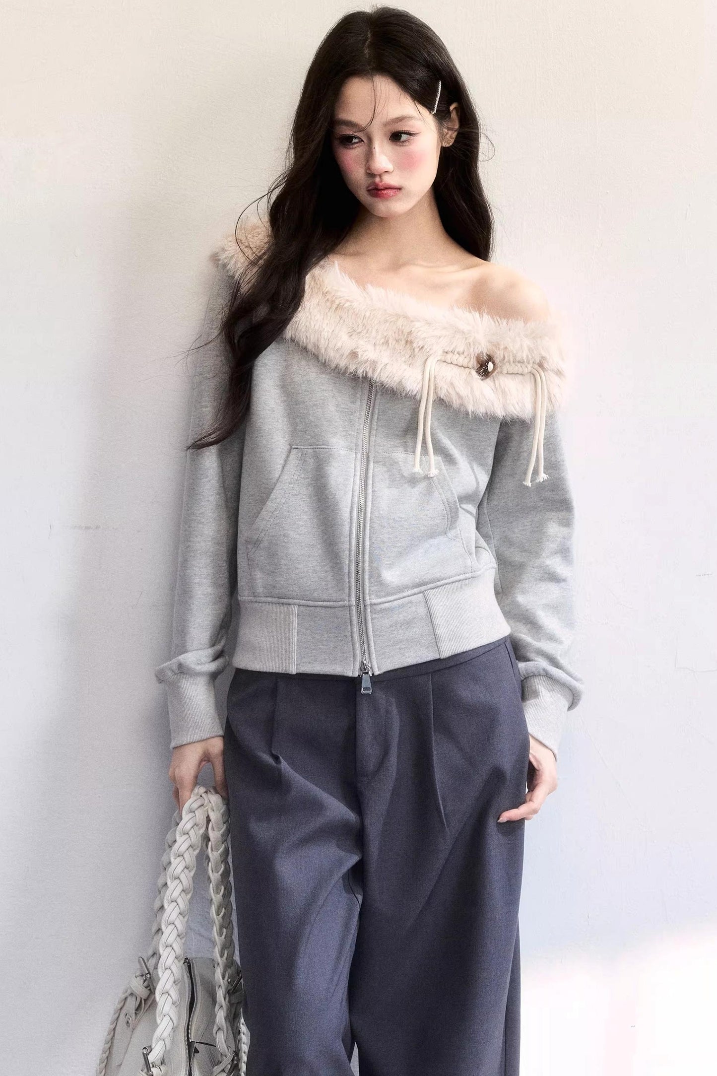 Mist Gray Off-Shoulder Fur Jacket
