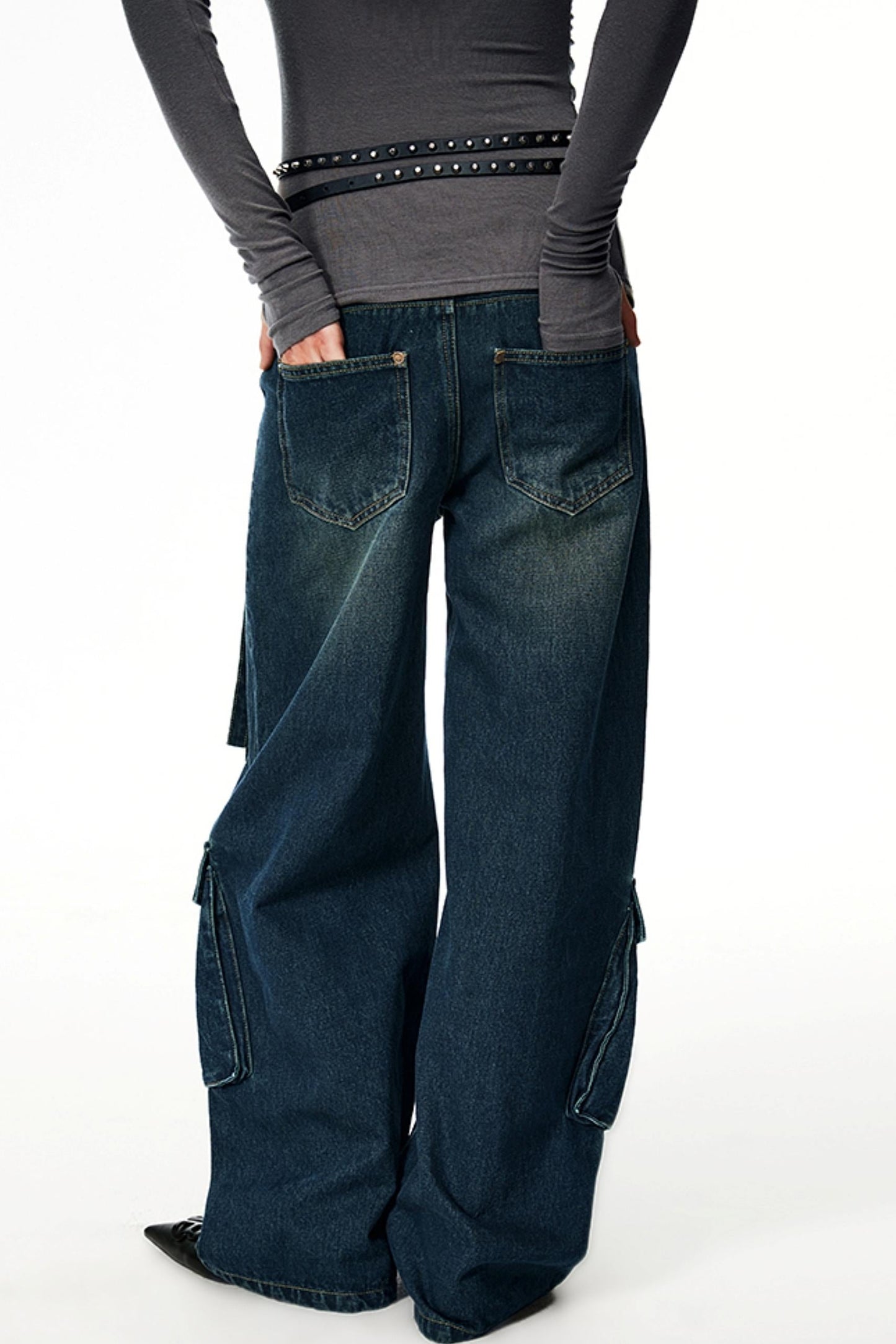 Heavy-Washed Wide-Leg Cargo Jeans