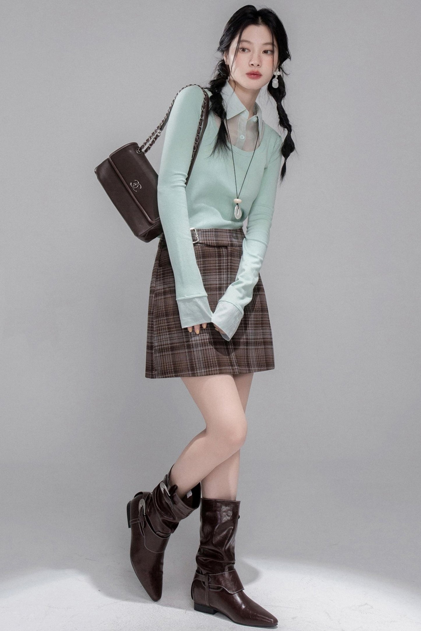 British Style Brushed Plaid With Belted Skirt