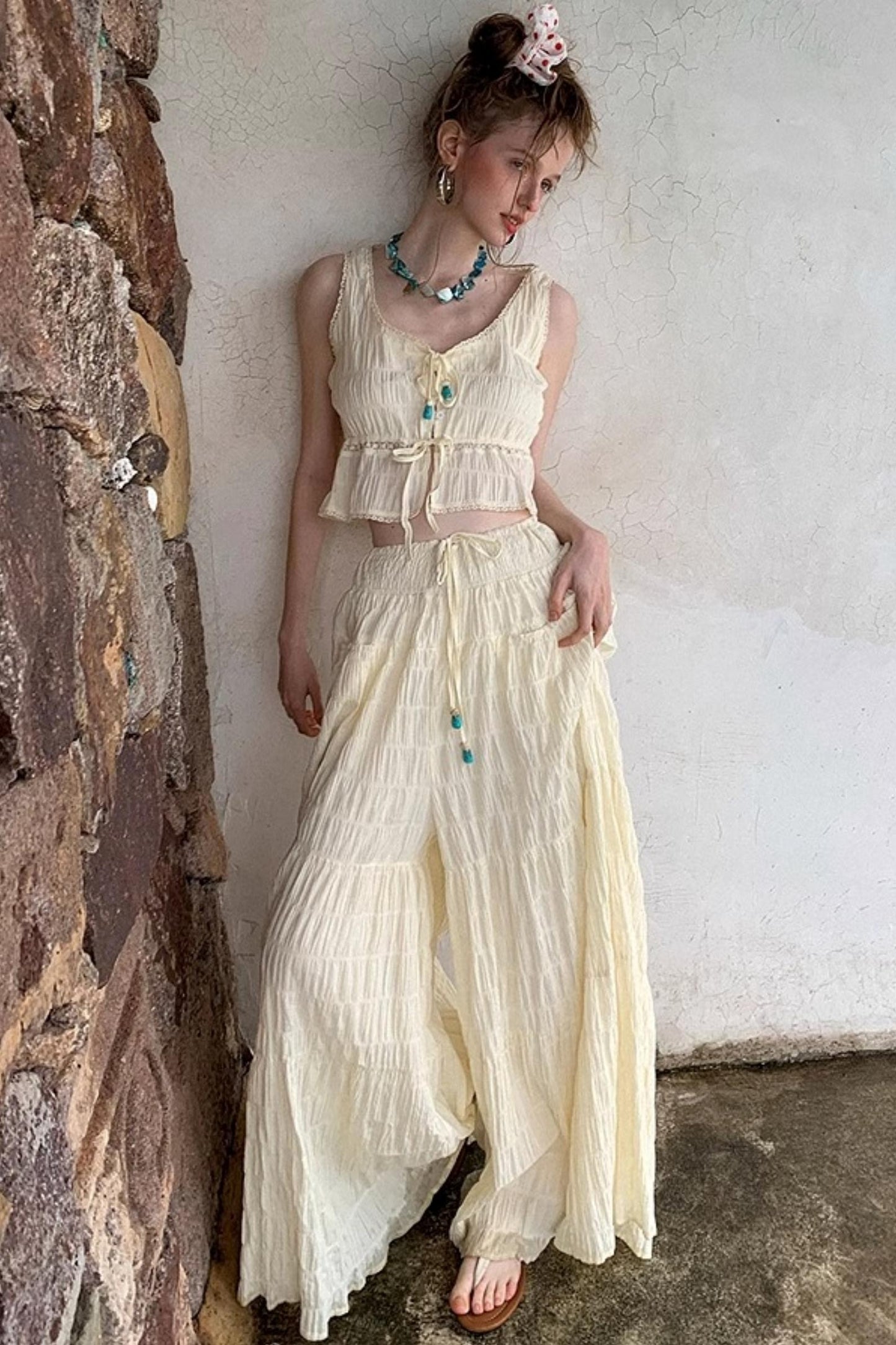 Beige Textured Lace Skirt Set-Up