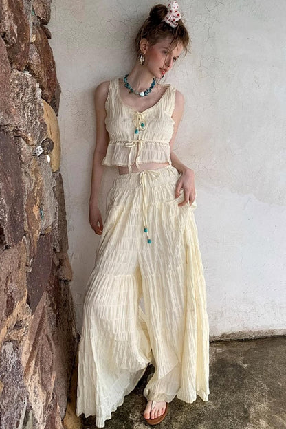 Beige Textured Lace Skirt Set-Up