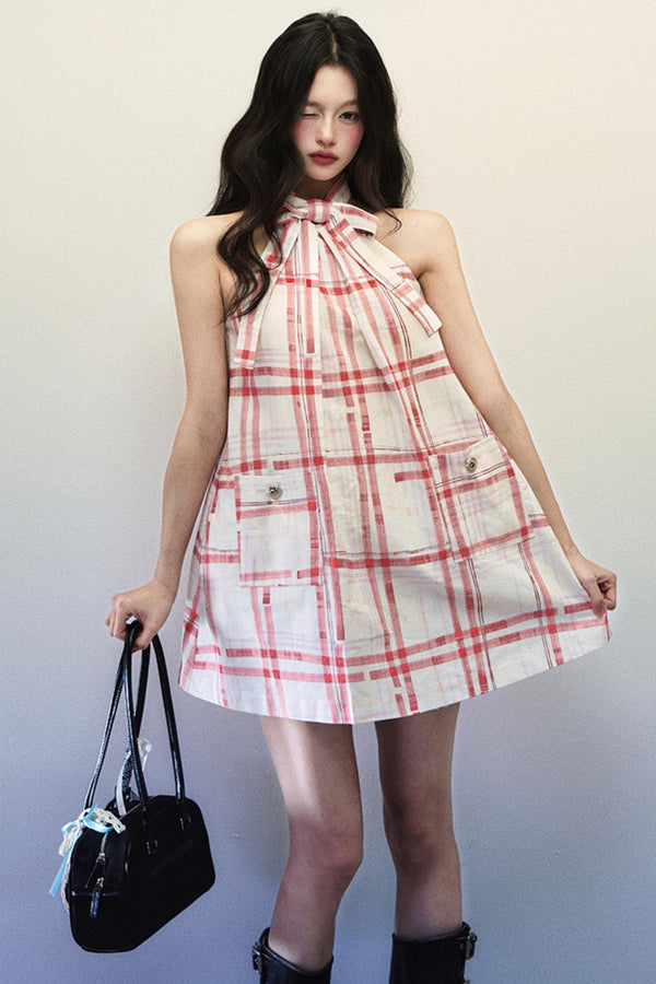 Chic Red Plaid Bow-Detail Sleeveless Dress